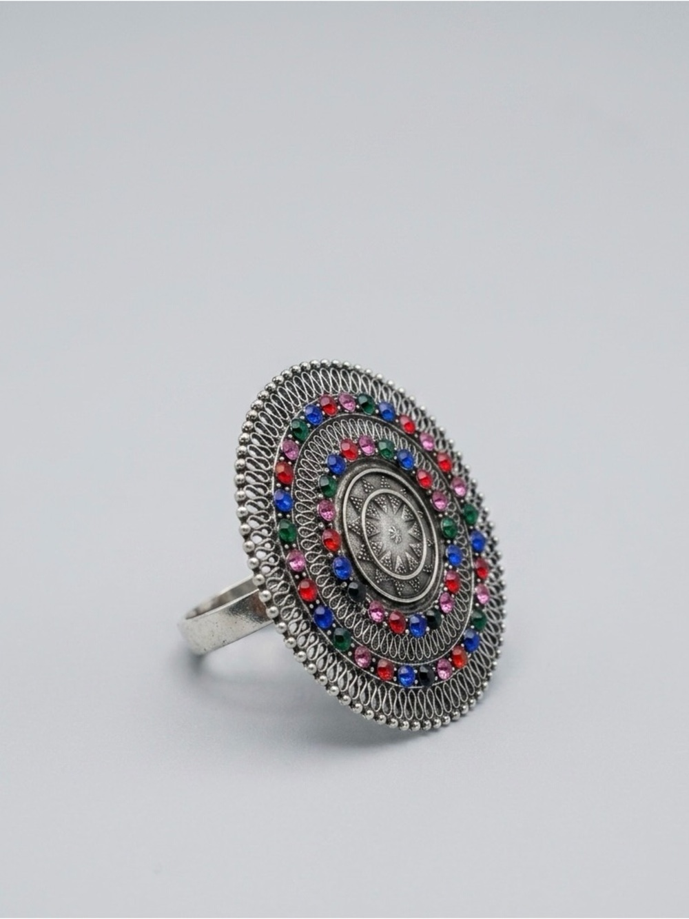 Ring：Silver-plated alloy, Rhinestone, Antique Finish